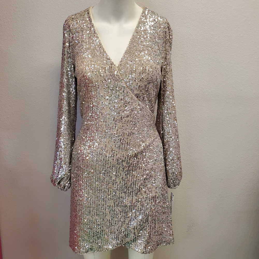 Gianni Bini Silver Sequin Wrap Dress NWT